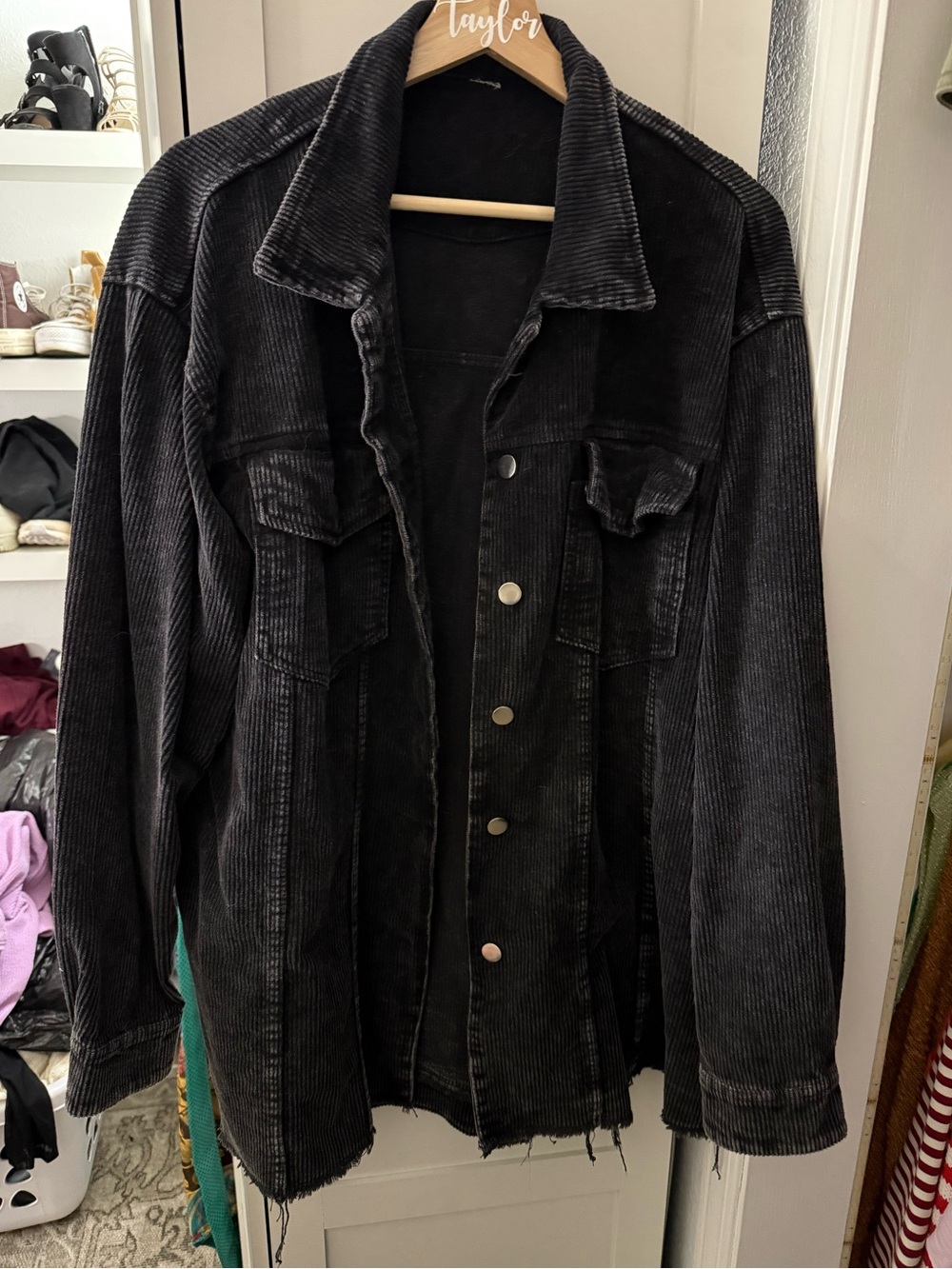 Women's Oversized Button Down Corduroy Shirt Jacket Coat Washed Retro Shacket - Picture 5 of 12
